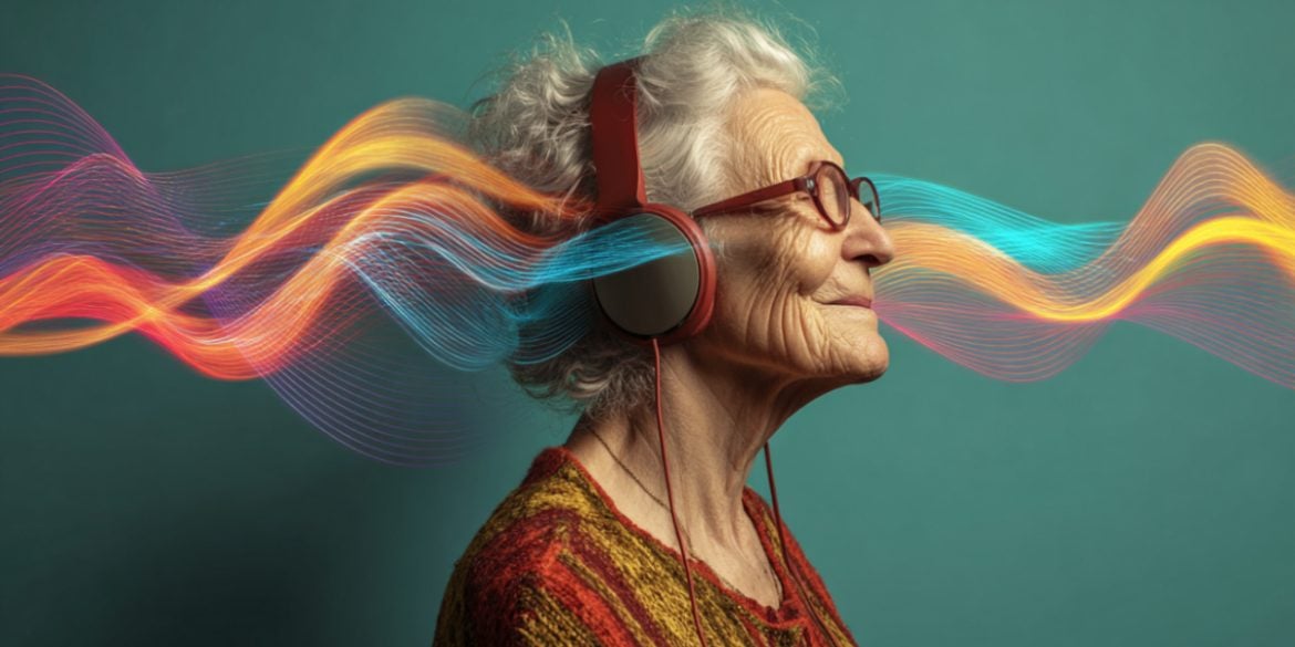 This shows an older lady listening to music.