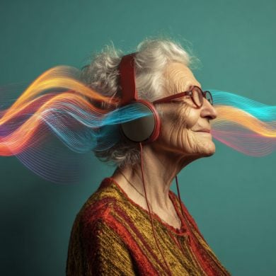 This shows an older lady listening to music.