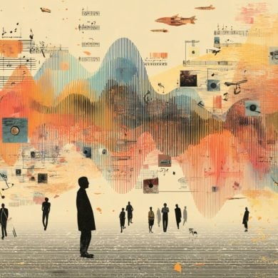 This shows people walking with album covers and sound waves in the background.