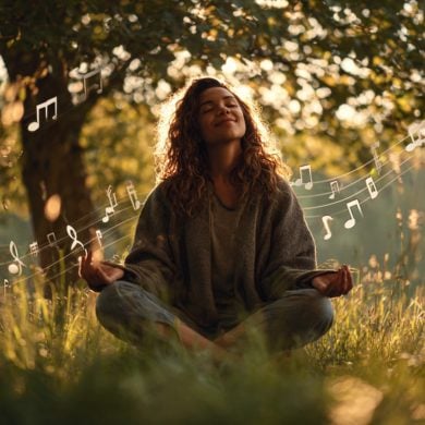 This shows a woman meditating in a field.