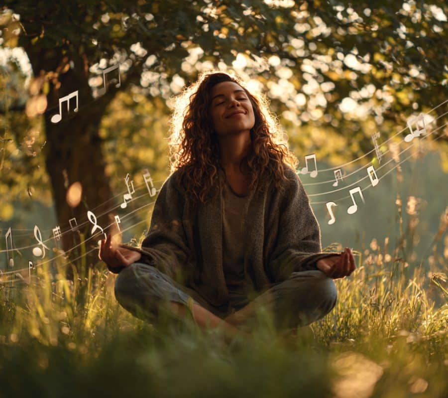 This shows a woman meditating in a field.