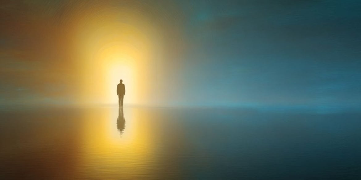 This shows a person walking to a hazy light.