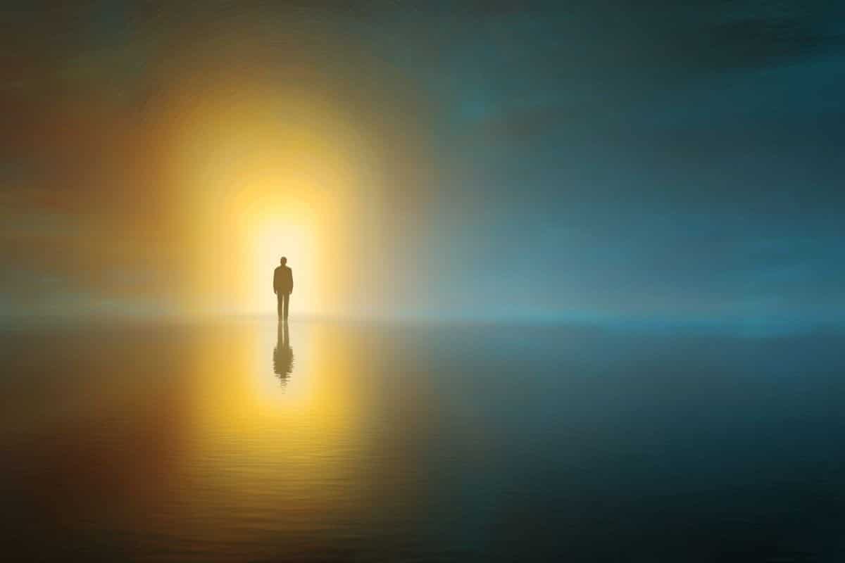 This shows a person walking to a hazy light.
