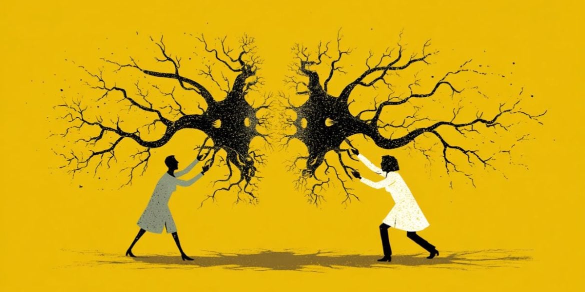 This is an illustration of people pushing neurons, as in a battle.