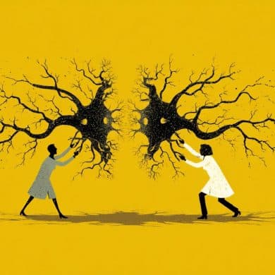 This is an illustration of people pushing neurons, as in a battle.