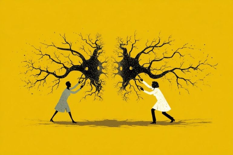 This is an illustration of people pushing neurons, as in a battle.