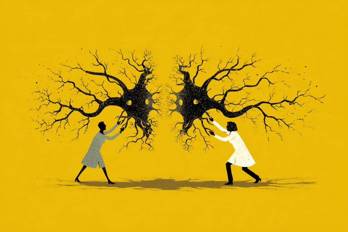 This is an illustration of people pushing neurons, as in a battle.