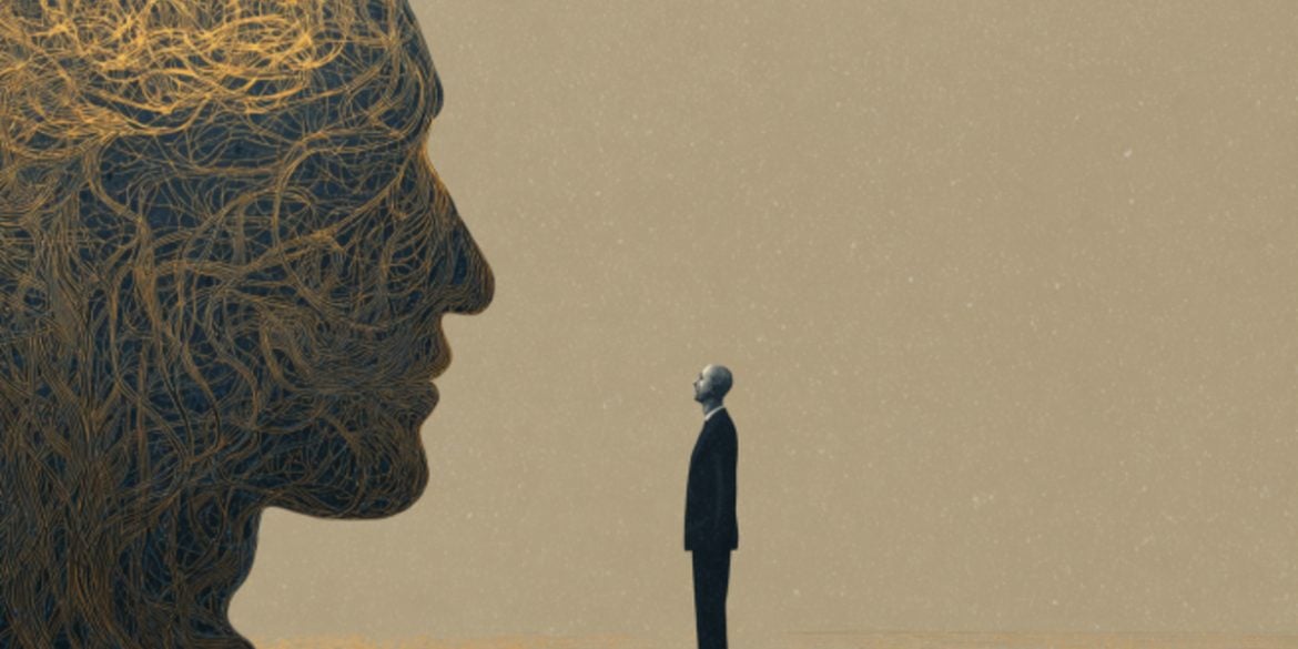 This shows a person looking at an oversized head.