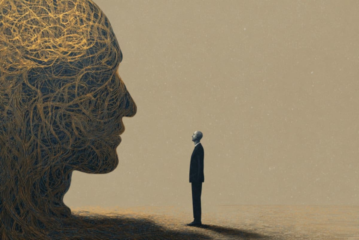 This shows a person looking at an oversized head.