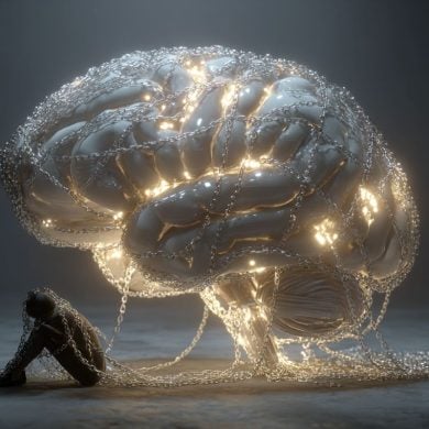 This shows a brain wrapped in a chain and a depressed woman.