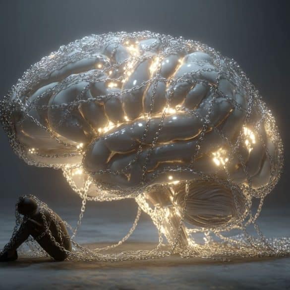 This shows a brain wrapped in a chain and a depressed woman.
