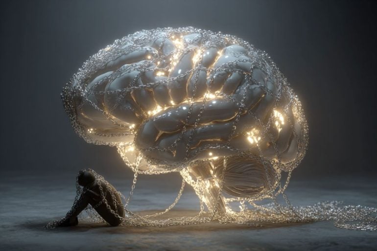 This shows a brain wrapped in a chain and a depressed woman.