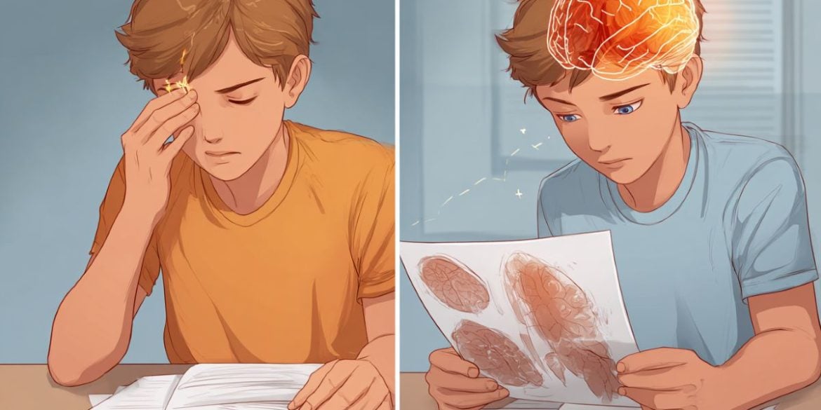 This shows a child holding their eye and a child looking at a work sheet.