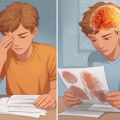 This shows a child holding their eye and a child looking at a work sheet.
