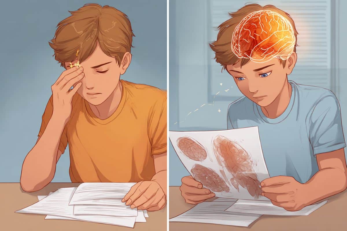 This shows a child holding their eye and a child looking at a work sheet.