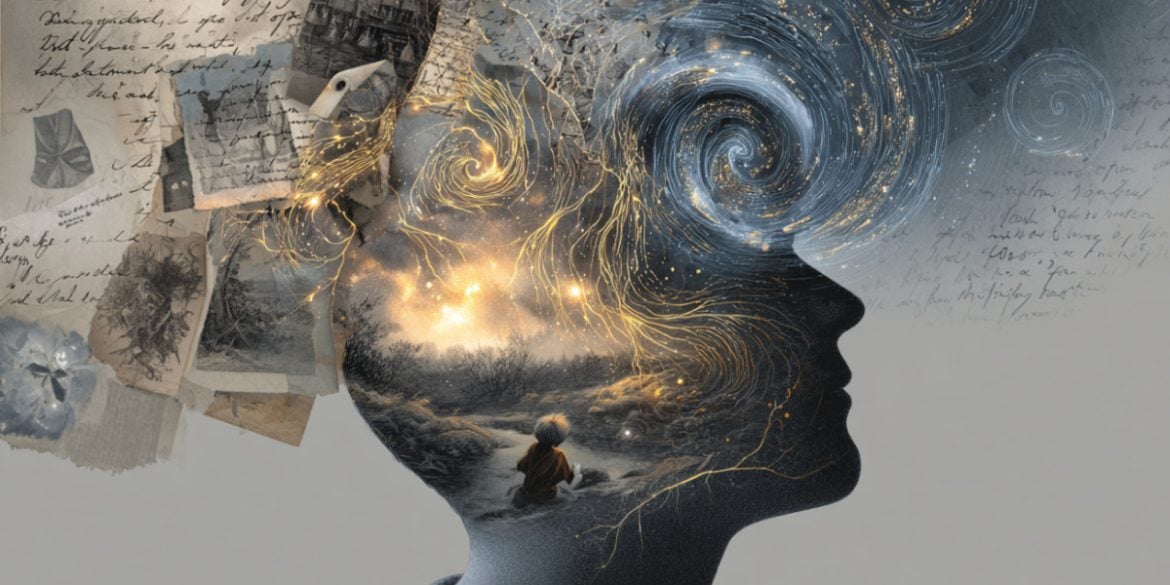 This shows the outline of a head. Inside is images from past times, reflecting memory.