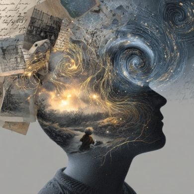 This shows the outline of a head. Inside is images from past times, reflecting memory.