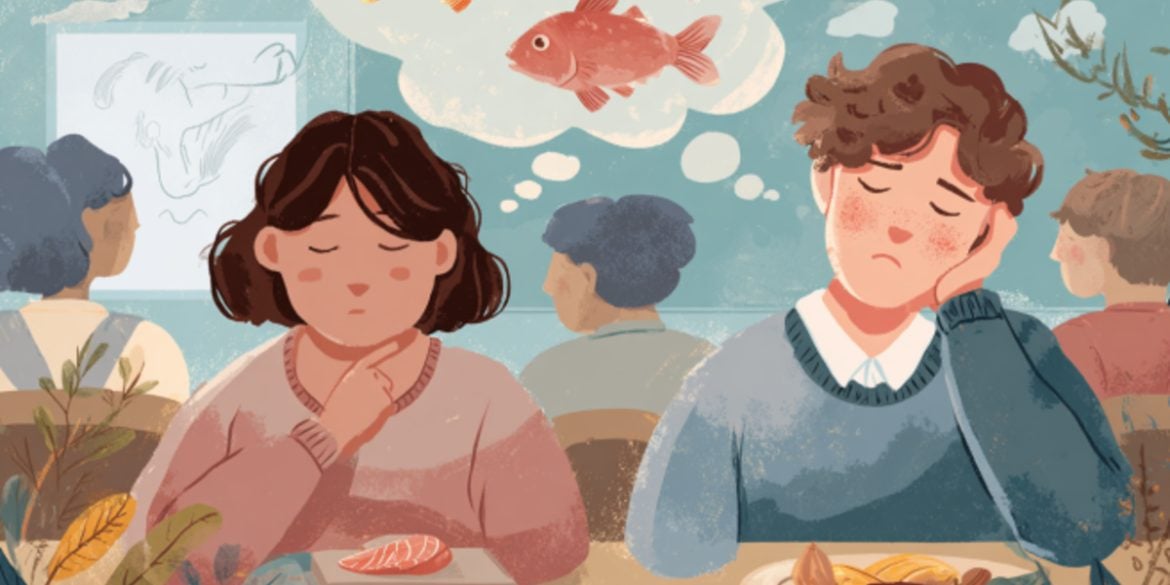 This shows kids eating food, thinking about fish.