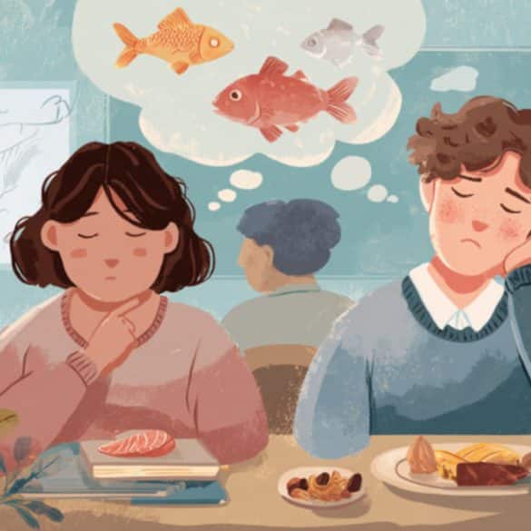 This shows kids eating food, thinking about fish.