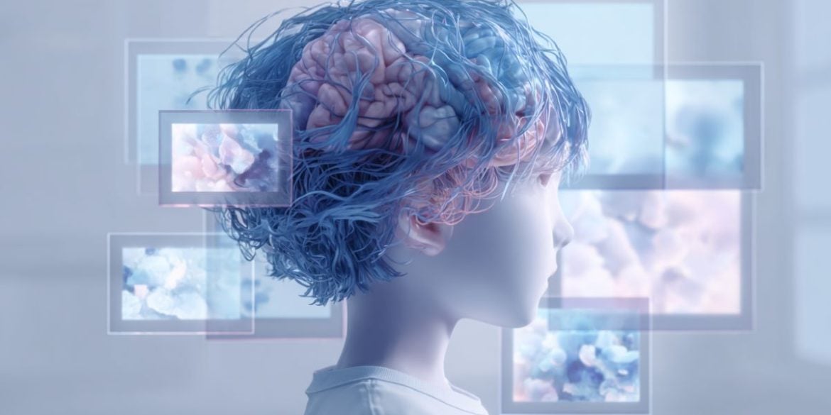 This shows a child, a brain, and screens.