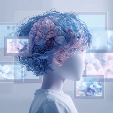 This shows a child, a brain, and screens.