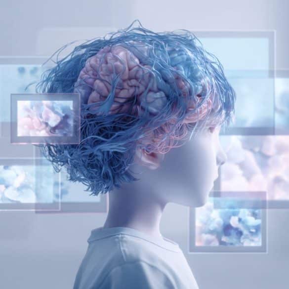 This shows a child, a brain, and screens.