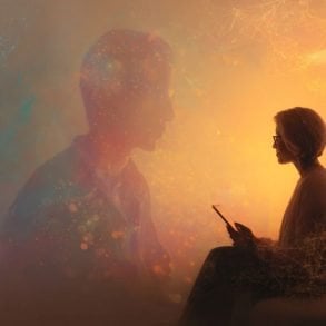 This shows a therapist and an AI head.