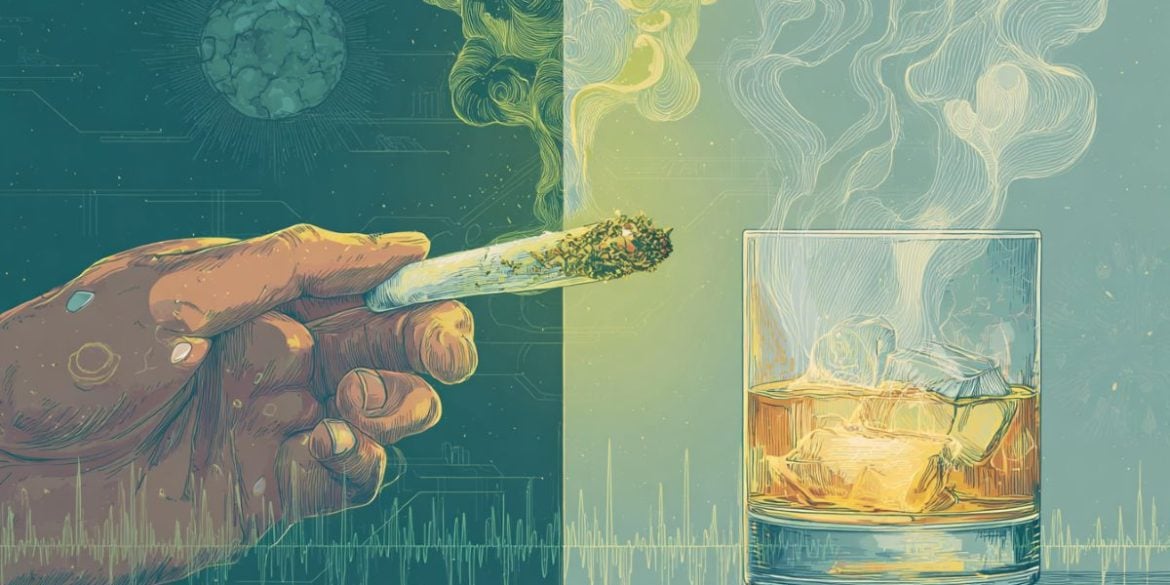 This shows a person holding a joint and a glass of scotch.
