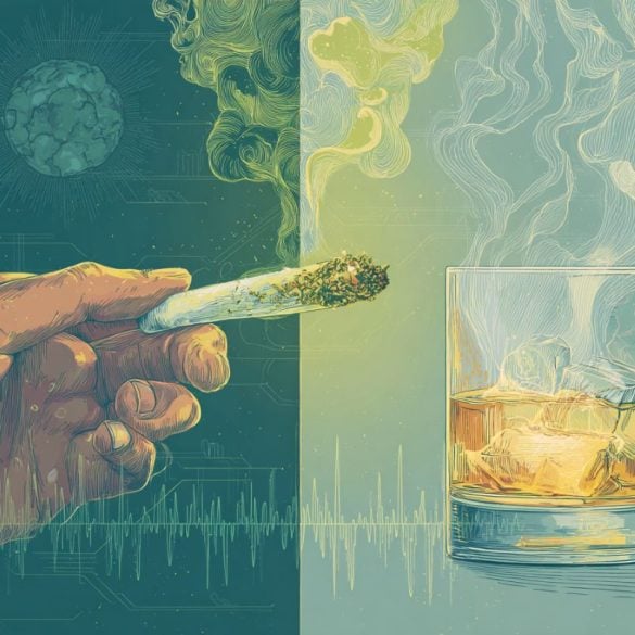 This shows a person holding a joint and a glass of scotch.