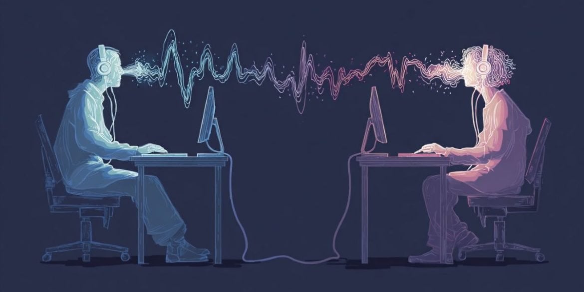 This shows two people working on computers and brain waves.