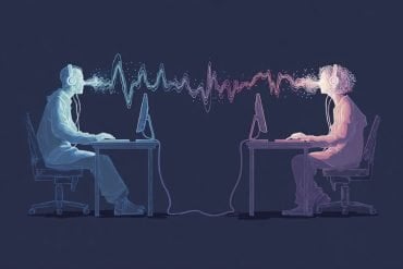 This shows two people working on computers and brain waves.