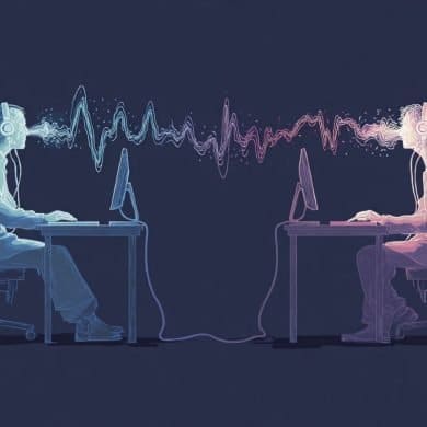 This shows two people working on computers and brain waves.
