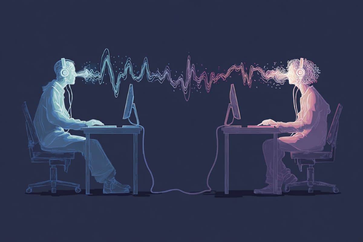 This shows two people working on computers and brain waves.