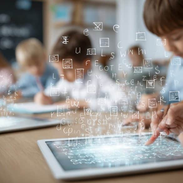 This shows a child working on a tablet in a classroom.