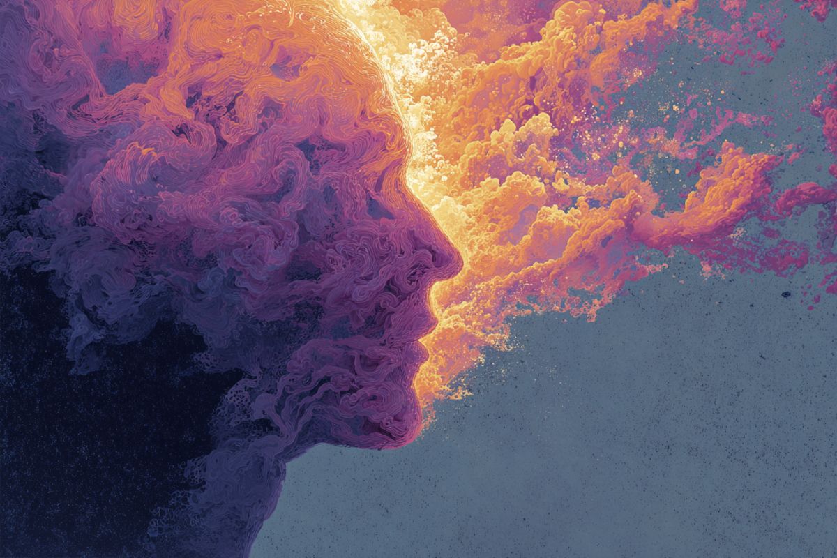 This shows the outline of a head in psychedelic colors.