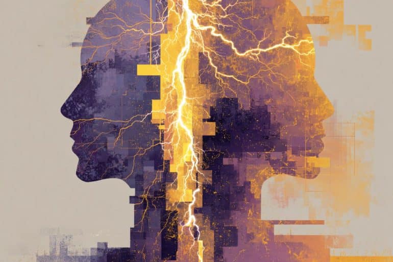 This shows a woman's head an a lightening bolt.