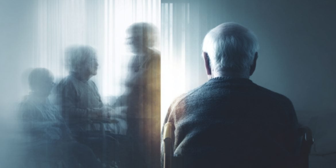 This shows an older man sitting alone.