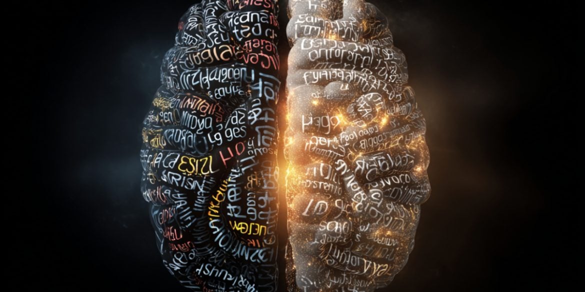 This shows a brain covered in words.