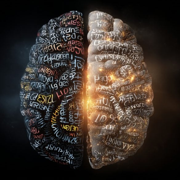 This shows a brain covered in words.