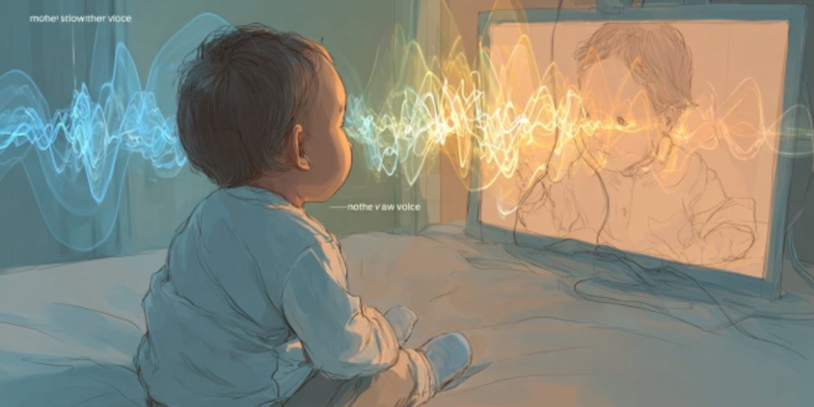 This shows a baby looking at a screen and sound waves.