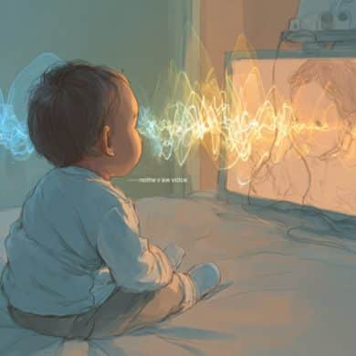 This shows a baby looking at a screen and sound waves.