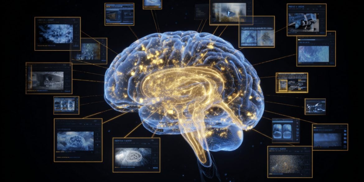 This shows a brain surrounded by TV monitors.