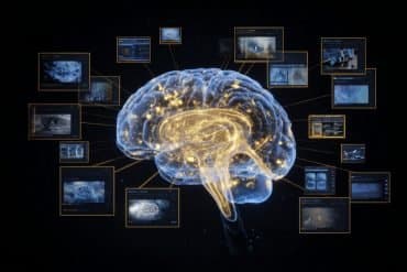 This shows a brain surrounded by TV monitors.