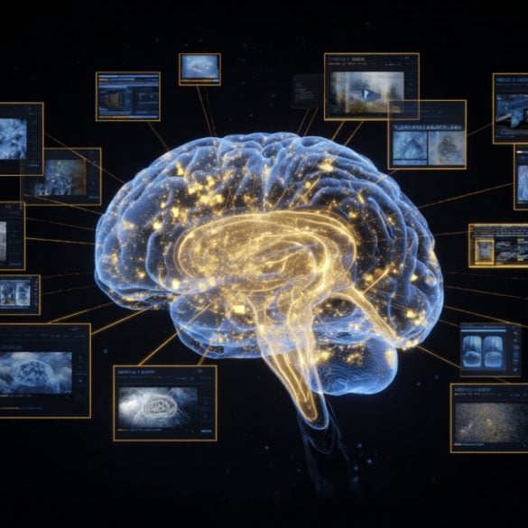 This shows a brain surrounded by TV monitors.