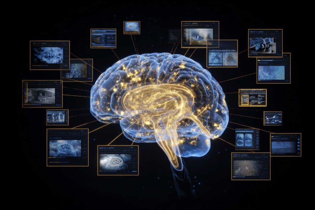 This shows a brain surrounded by TV monitors.
