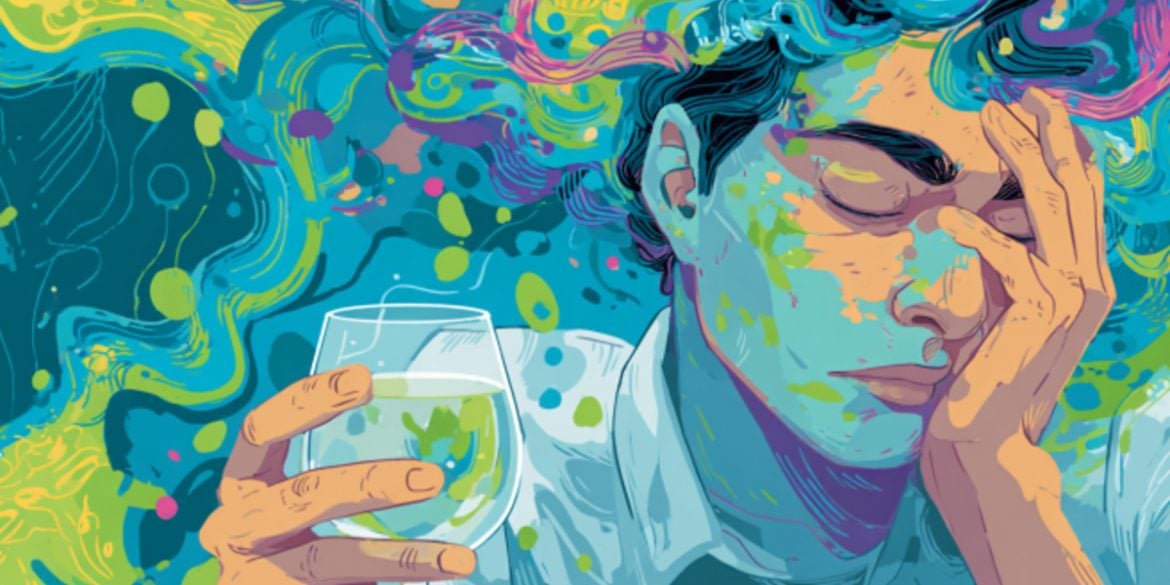 This shows a man holding a wine glass against a psychedelic backdrop.