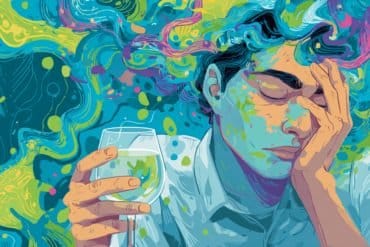 This shows a man holding a wine glass against a psychedelic backdrop.