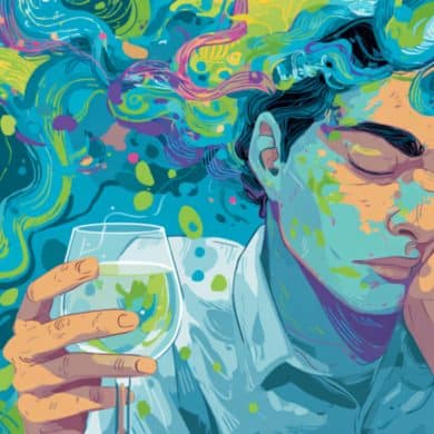 This shows a man holding a wine glass against a psychedelic backdrop.