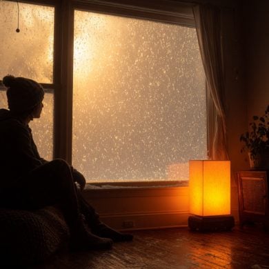 This shows a woman sitting in a dark room.