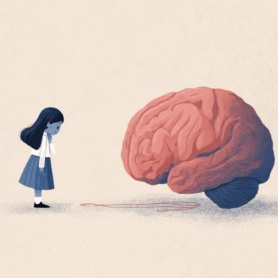 This shows a shy child and a brain.